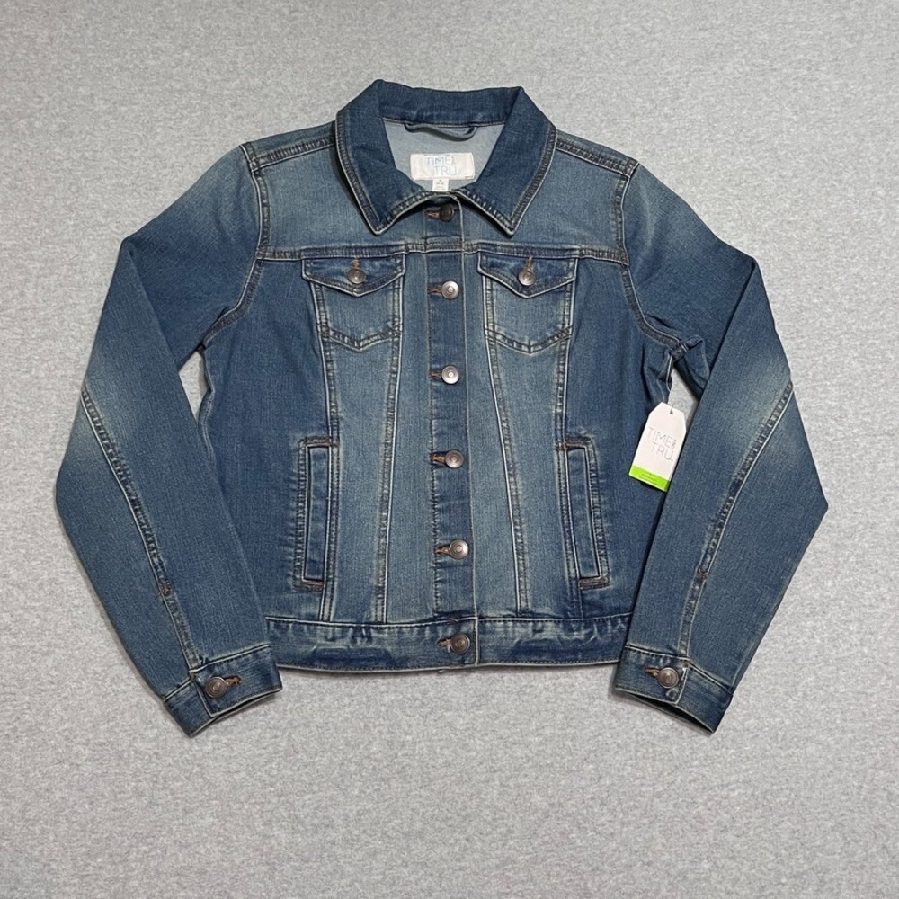 Time and Tru Jacket Womens Small Blue Long Sleeve Trucker Stretch Denim New